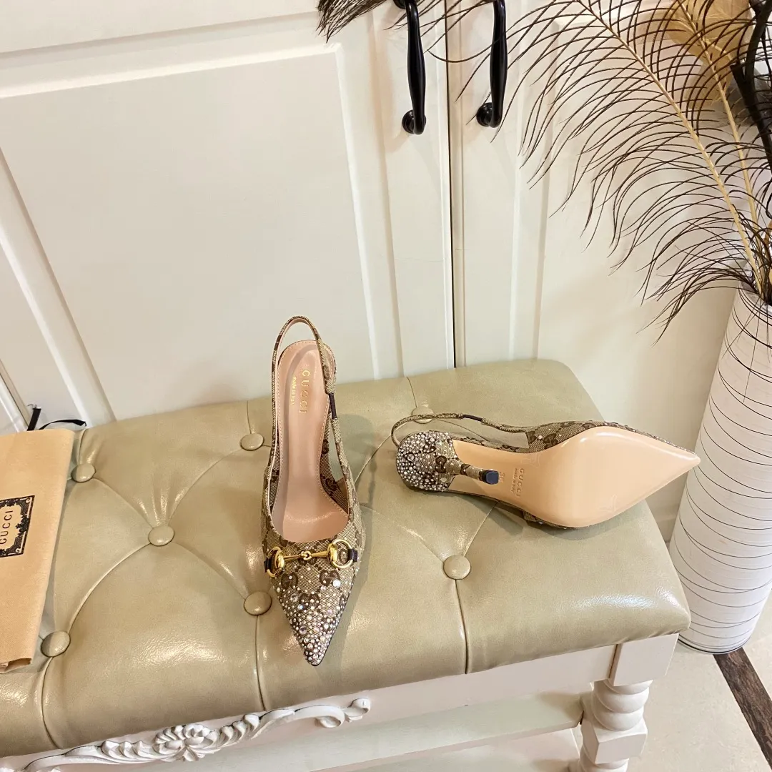 👟👟Ex-factory price 660👟👟, Gucci high heels, original canvas embellished with bright crystals, sheepskin lining, leather outsole, size 35-40 (41 customized, non-refundable)